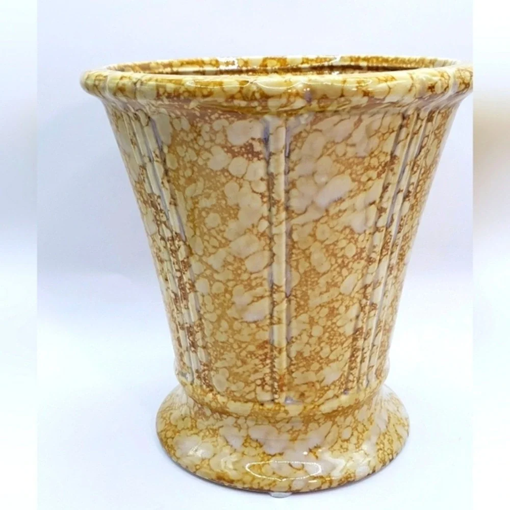 Vintage Mottled Glaze Ceramic‎ Vase Planter Ribbed Fluted Base